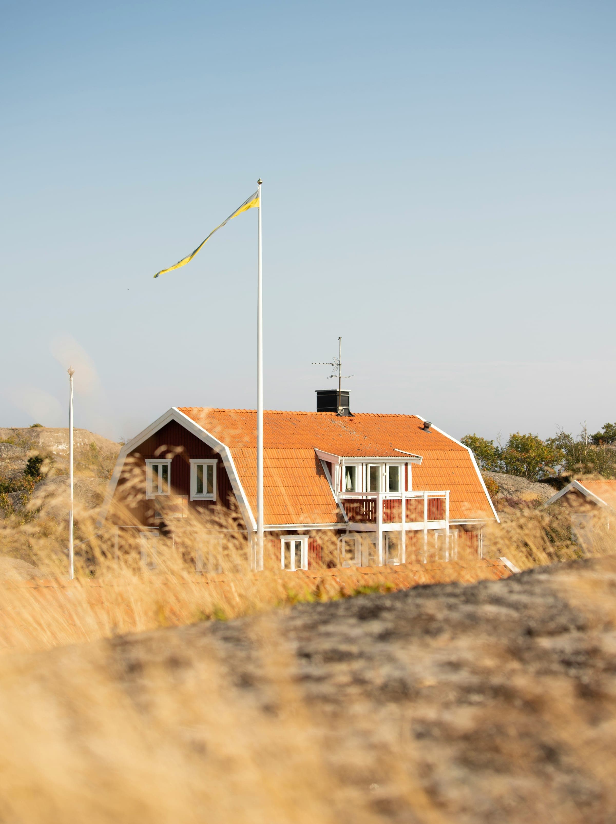 A red house in dry grass below a flagpole flying a pennant